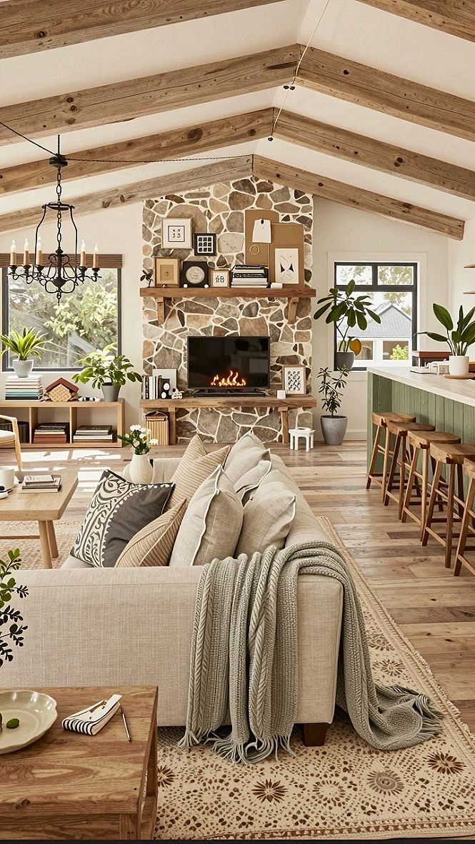 Using a Stone Fireplace to Anchor an Open Layout