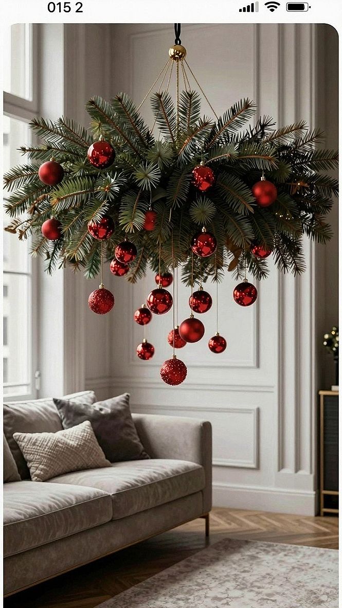 Hanging Pine and Red Bauble Chandelier Decor