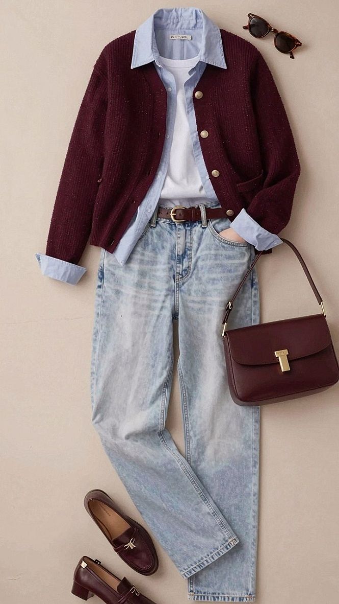 Mixing Burgundy Layers With Casual Denim