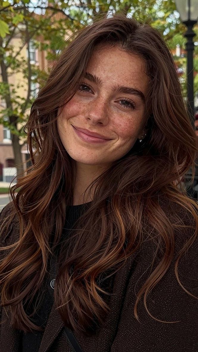 Subtle Burgundy Highlights on Brown Waves
