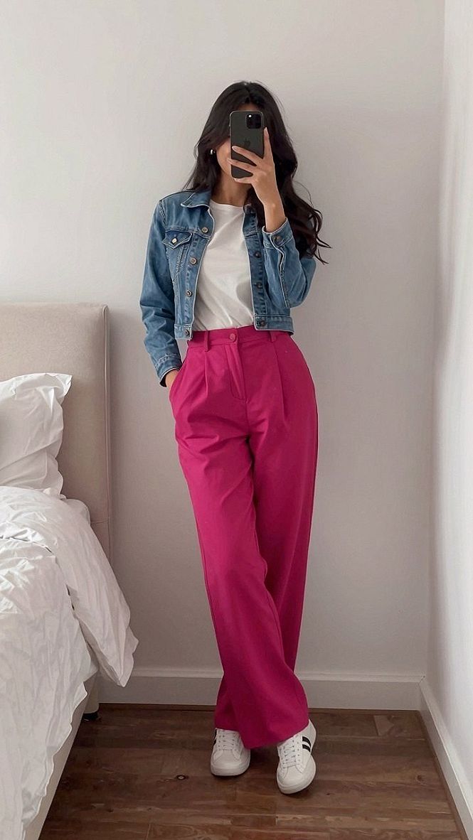 Pairing Vibrant Purple Trousers with a Casual Denim Jacket