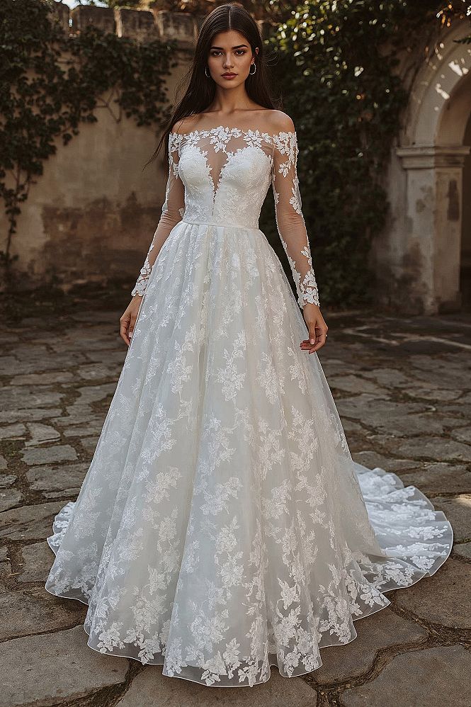 Timeless A-Line Lace Wedding Dress with Elegant Long Sleeves