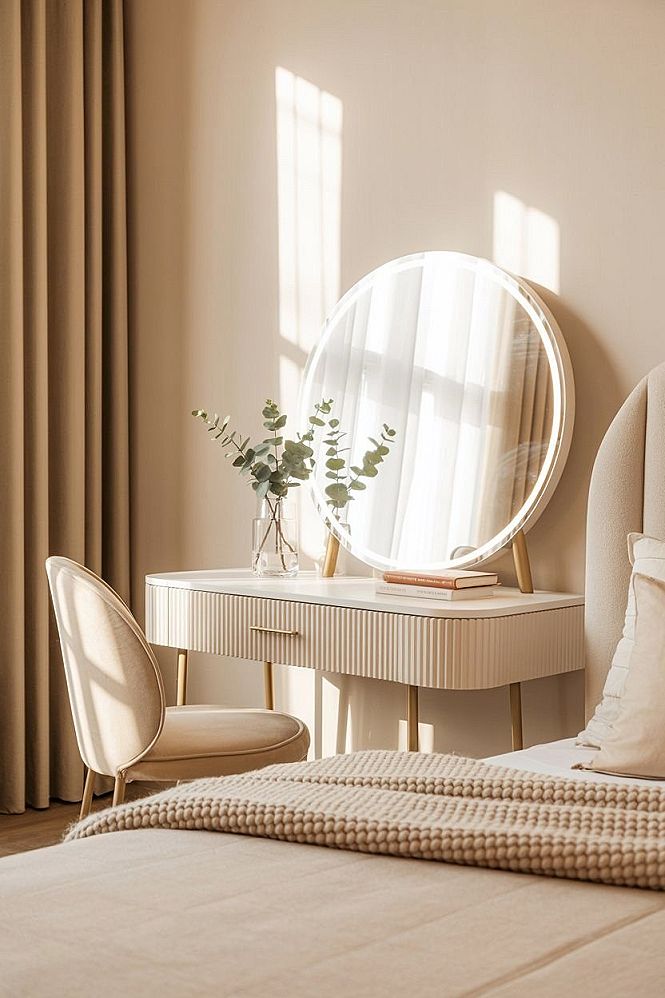 Fluted Vanity Bliss: Aesthetic Small Bedroom with Neutral Decor