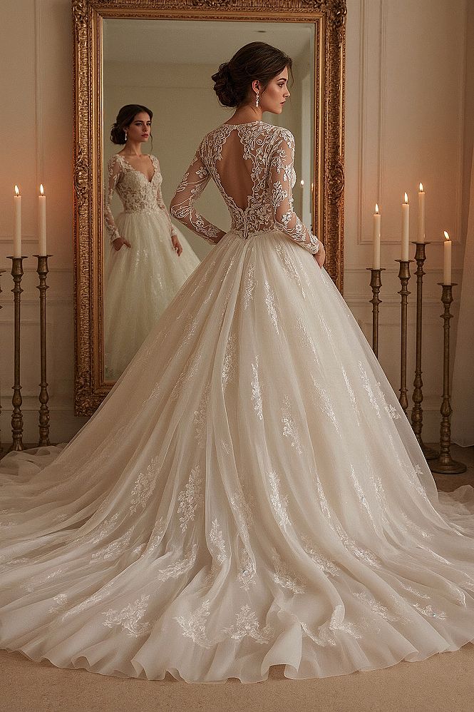 Enchanting Ballgown Wedding Dress: Lace Sleeves & Tulle Drama