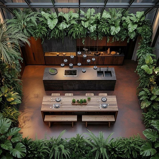 Garden Kitchen Oasis: Lush Indoor-Outdoor Living & Balcony Design