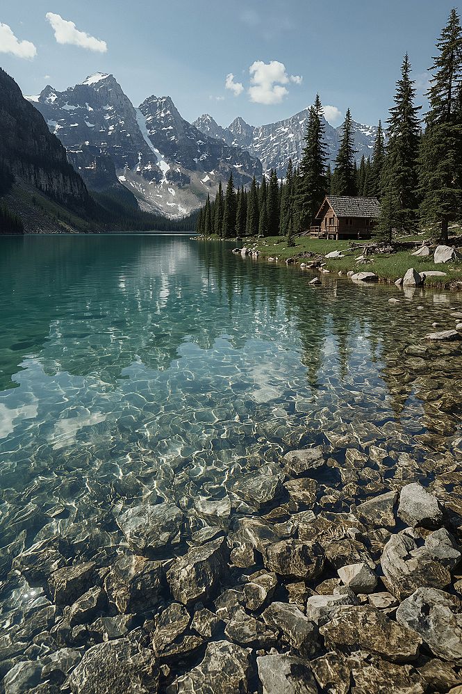 Serene Mountain Lake Cabin: 4K Nature Wallpaper for Windows 11