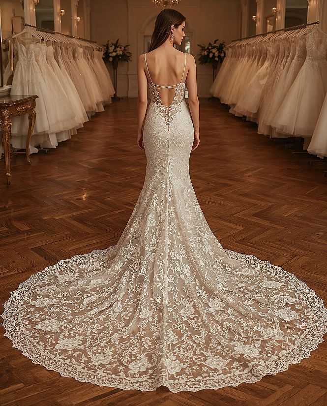 Chic Fitted Lace Wedding Dress with Open Back and Train