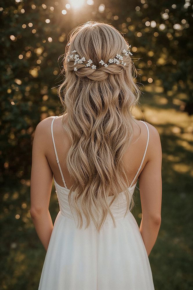 Romantic Bridal Hairstyles with Floral Accents for Long Hair