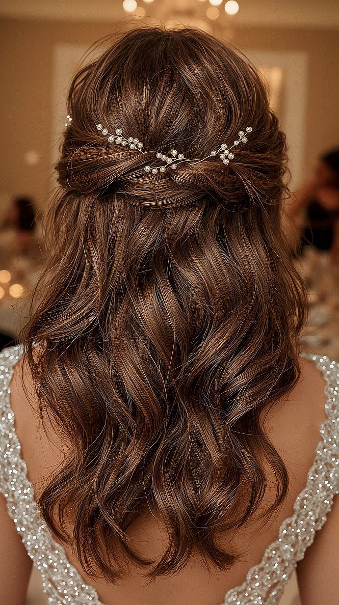 Elegant Brunette Wedding Hairstyles: Soft Curls with Pearl Accents