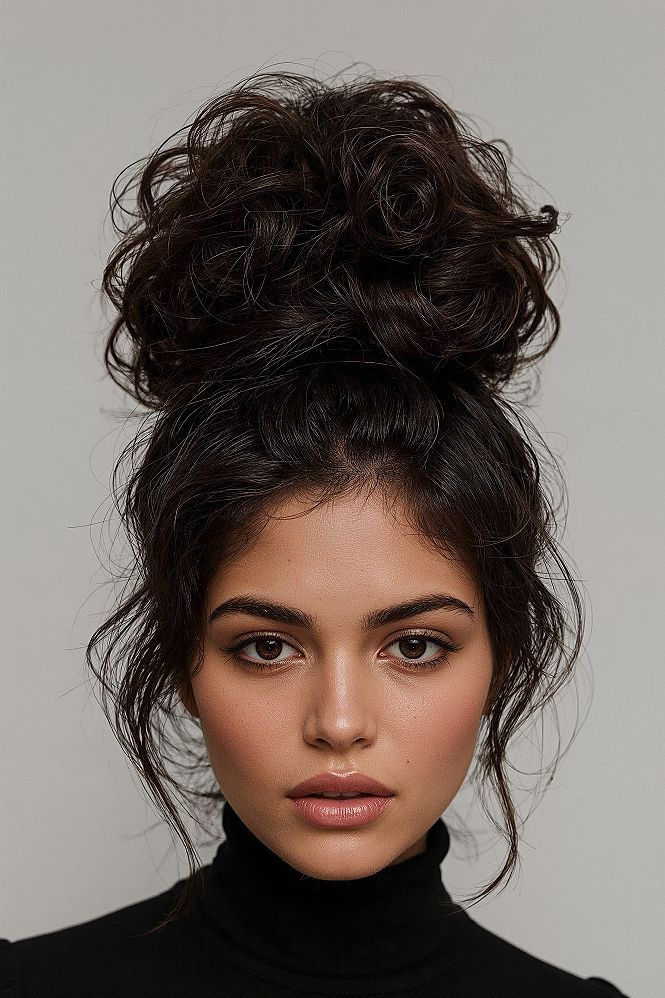 Textured High Bun with Curly Bangs: Modern Updo for Long Hair