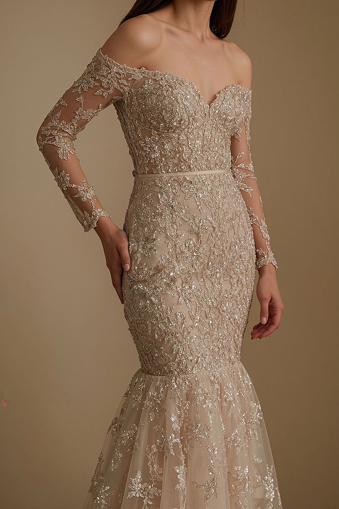 Elegant Off-Shoulder Lace Mermaid Gown with Long Sleeves