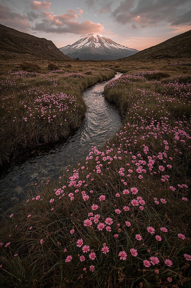 Tranquil Mountain Stream & Wildflower Meadow: Natural Landscape Beauty