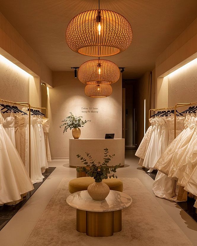 Elegant Retail Showroom: Warm Lighting in a Luxury Bridal Boutique