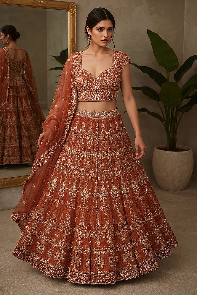 Designer Ghagra Choli: Festive Rust Orange for Indian Bridal Wear