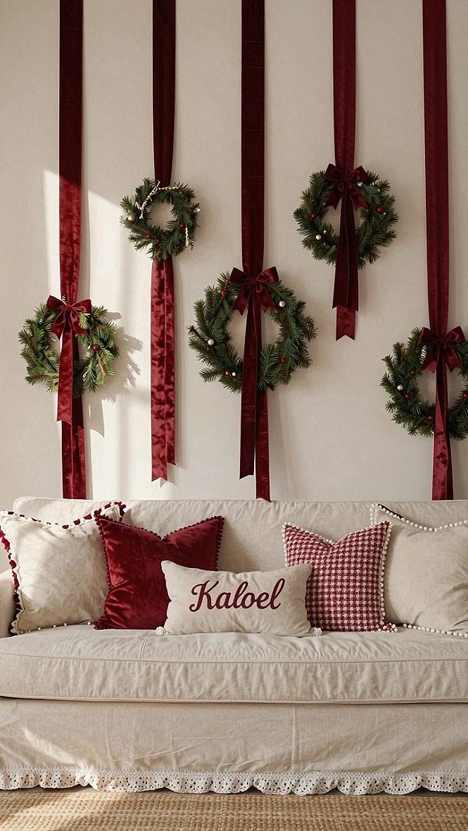 Hanging Holiday Wreaths with Velvet Ribbon