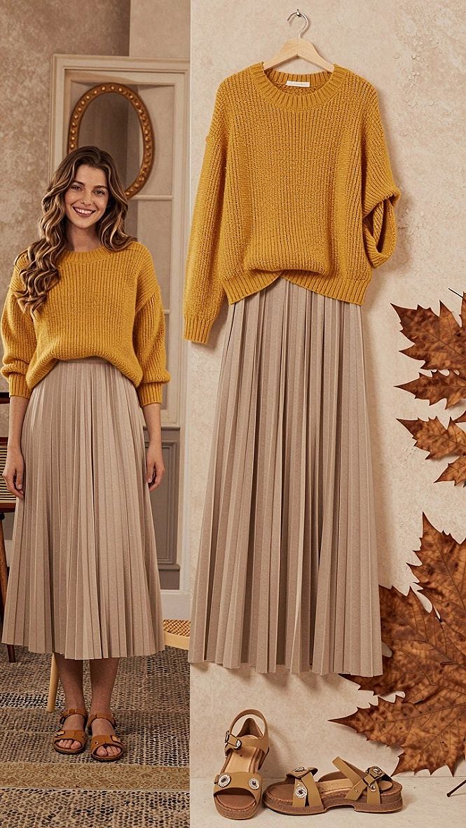 Styling a Mustard Knit Sweater with a Neutral Pleated Skirt