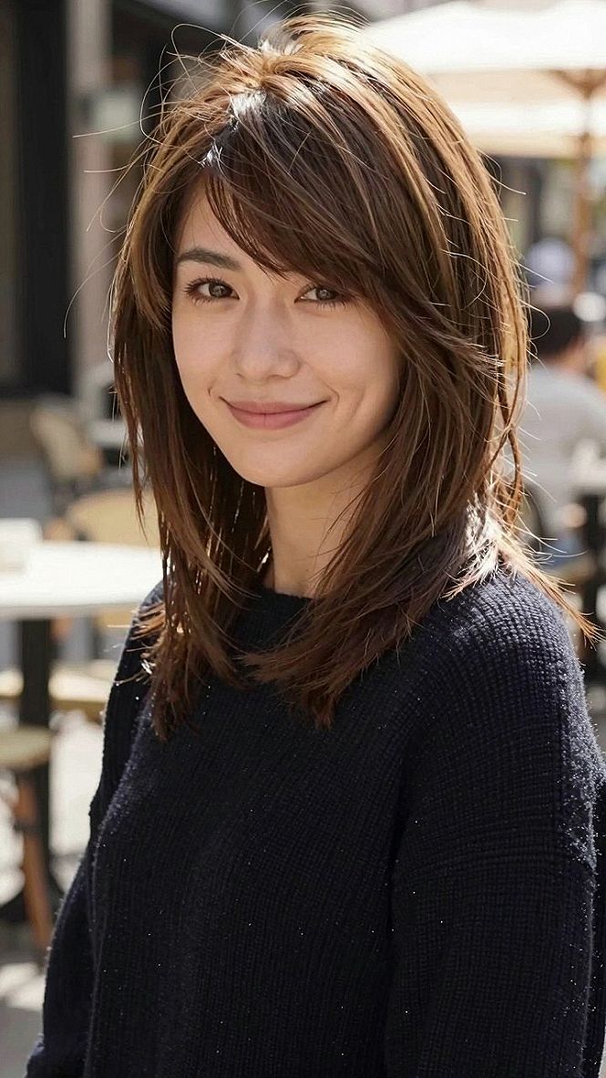 Choosing the Layered Lob with Side Swept Bangs