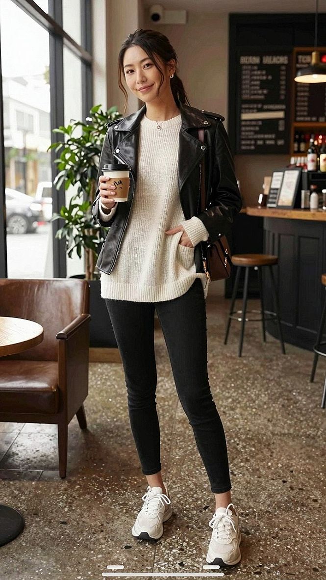 Pairing a Corduroy Skirt with a Leather Biker Jacket