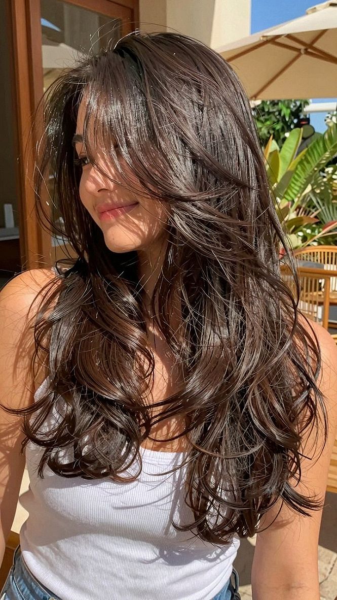 Choosing Curtain Bangs with Cinnamon Brown Waves