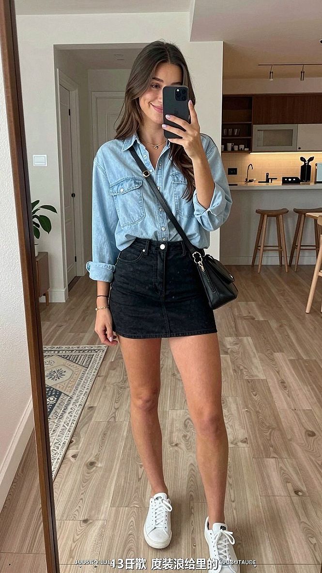 Styling a Denim Shirt with a Dark Denim Skirt