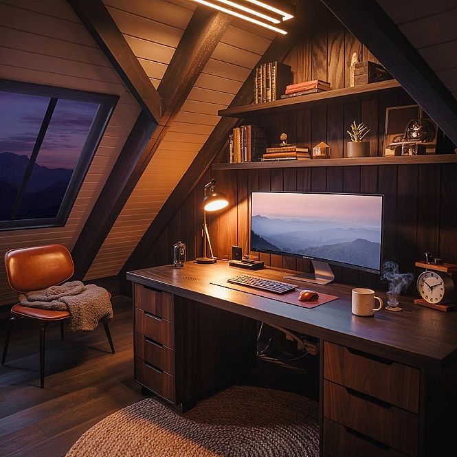 Attic Home Office: Cozy Loft Conversion with Warm Wood & Ambient Glow