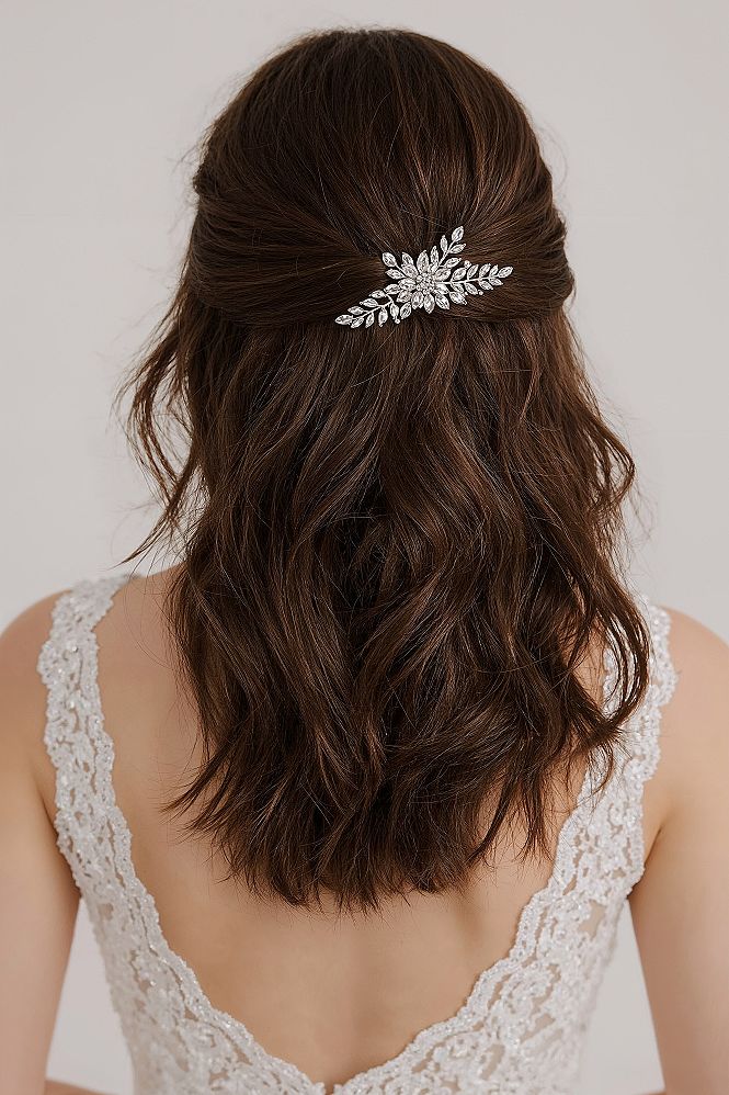 Sparkling Half Up Half Down: Long Hair Wedding Styles with Floral Accents