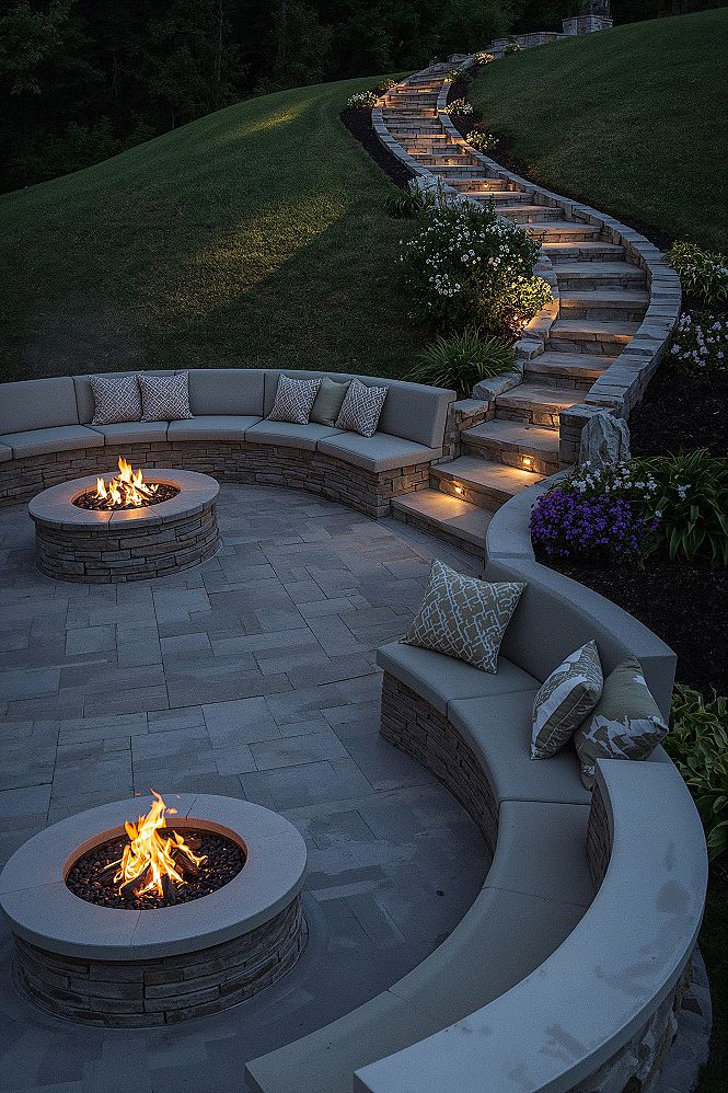 Sloped Backyard Oasis: Fire Pit & Seating for Magical Outdoor Living