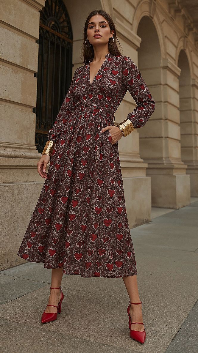 Chic Patterned Midi Dress for Spring: Feminine Fashion Aesthetics