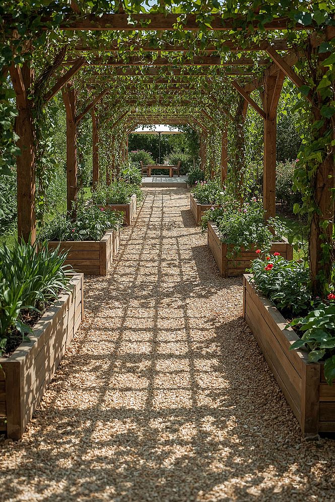 Elegant Rustic Raised Beds Under a Pergola Walkway