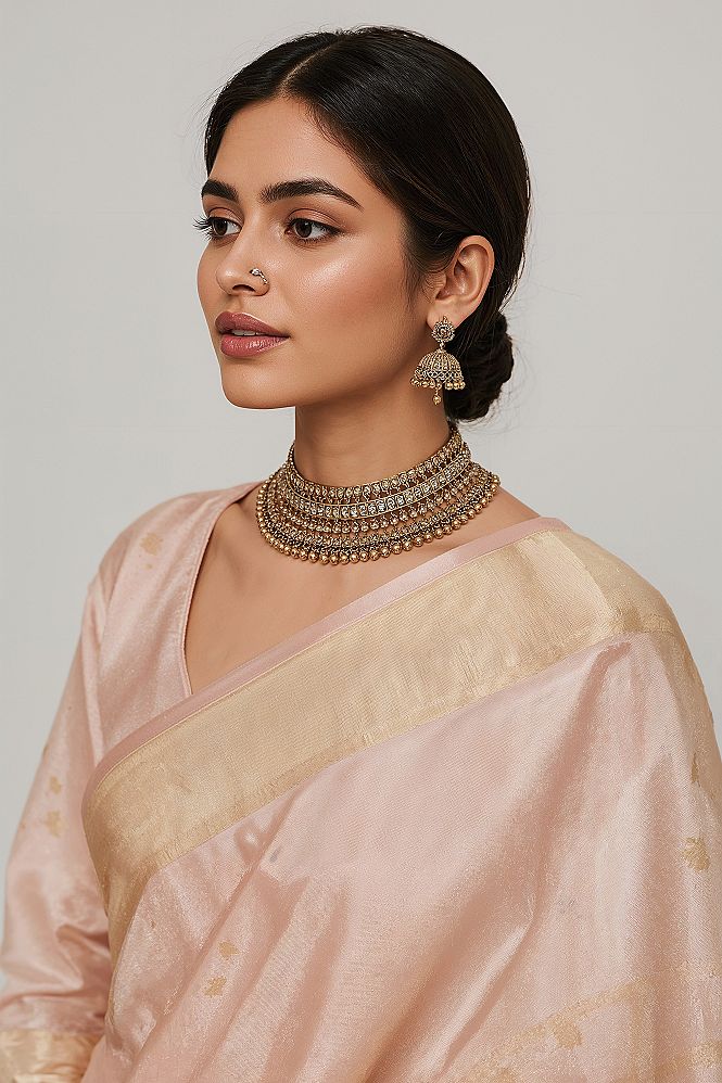 Light Pink Colour Saree Style for Engagement: Zari Work Blouse Elegance