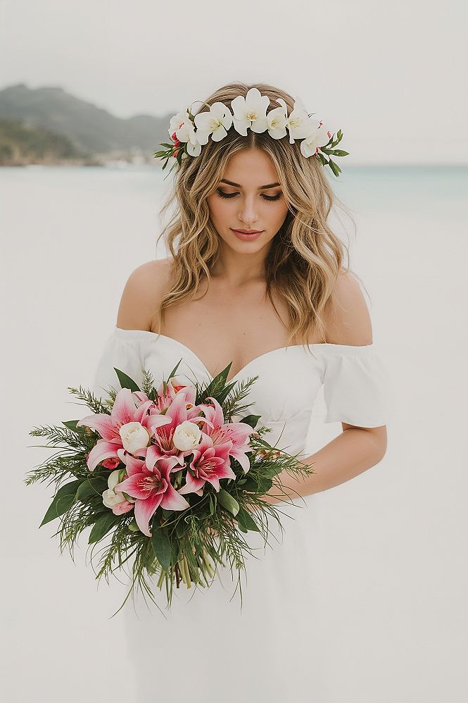 Dreamy Beach Bride: Enchanting Floral Crown Hairstyle & Bouquet