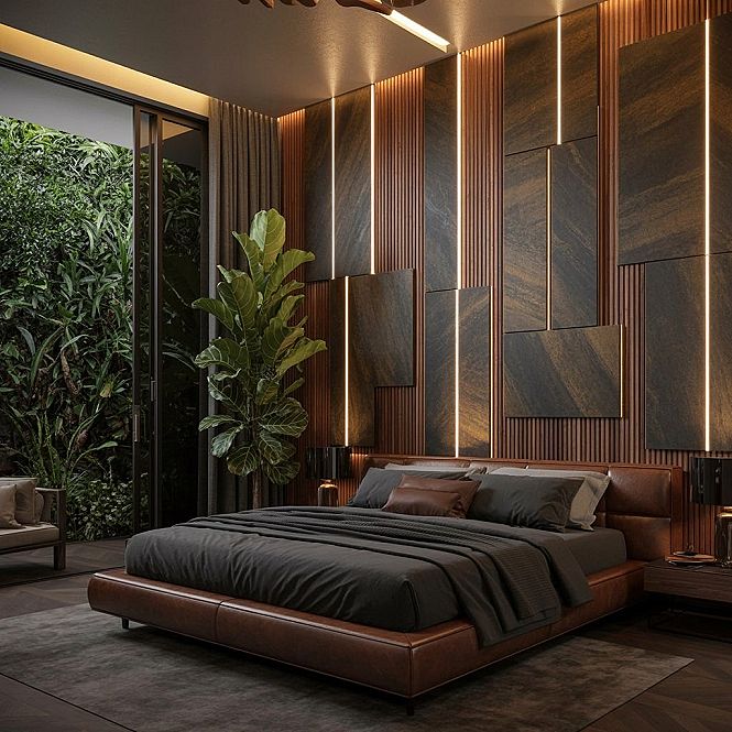 Modern Luxury Bedroom Design: Elegant Wood & Stone for a Dark Bedroom Aesthetic