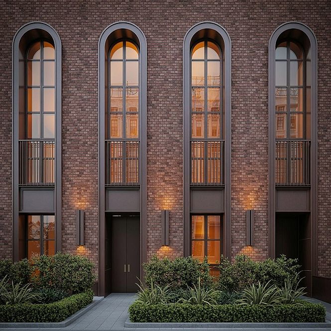 Modern Brick Townhouse: Arched Windows & Old Money Style Interiors