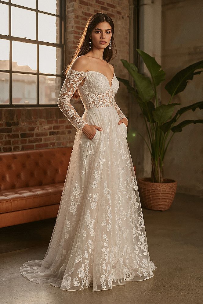 Rustic Elegance: Off-Shoulder Vintage Lace Wedding Dress with Long Sleeves
