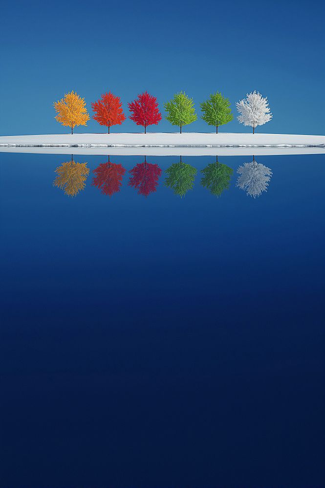 Dreamy Art: Colorful Trees Reflected in Serene Water