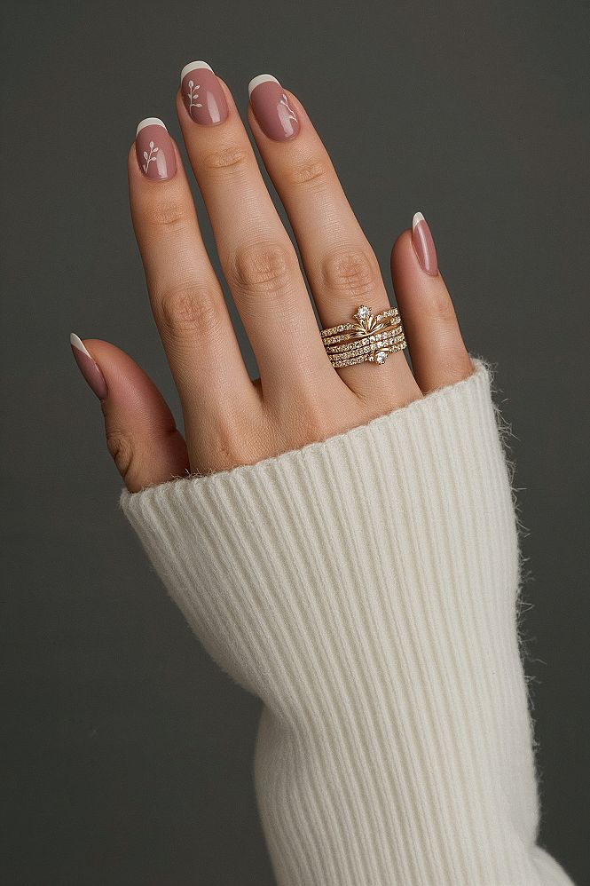 Chic Dusty Pink & Botanical Short Square Nails