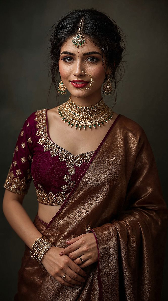 Timeless Indian Bridal Saree Look: Elegant Long Hair & Maangtika Designs