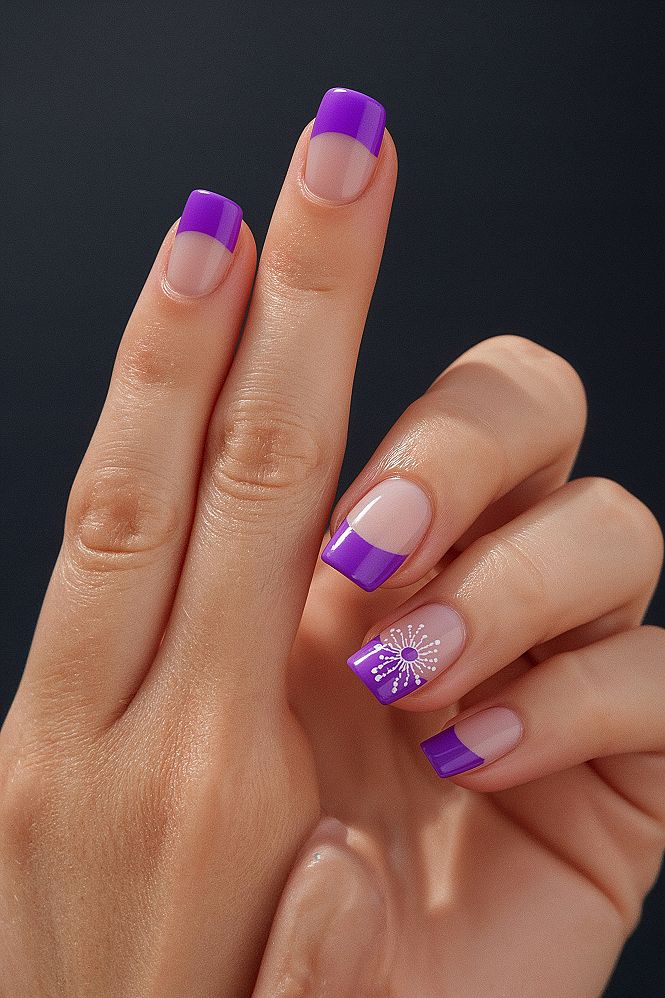 Summer Radiance: Vibrant Purple French Tip Nails with Floral Accents