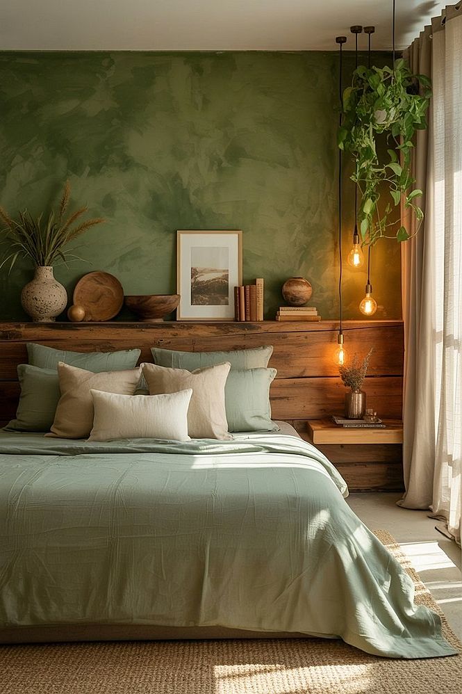 Verdant Bedroom Decor: Moody Nature Retreat with Green Walls