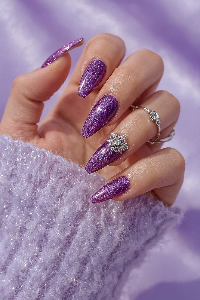 Glamorous Purple Chrome Almond Nails for Wedding Guests