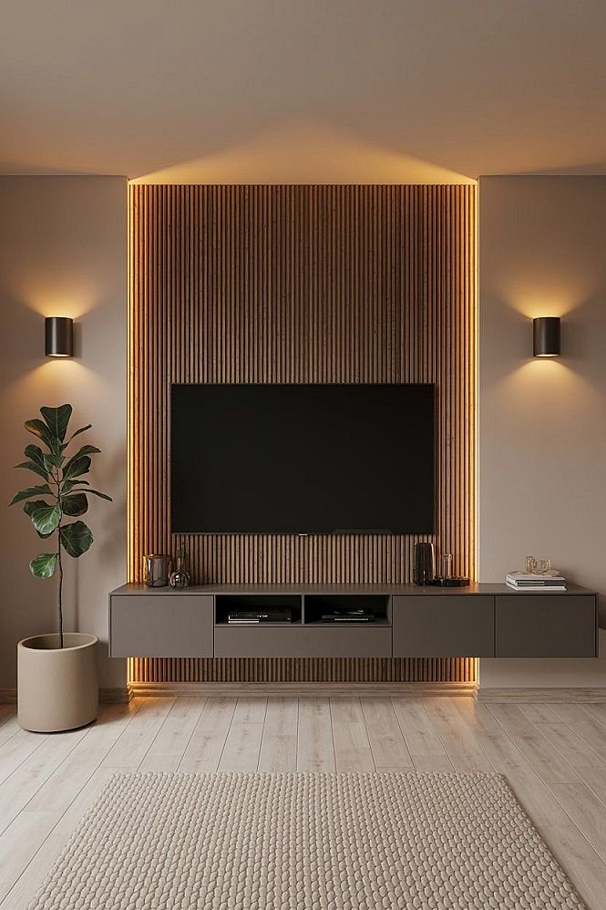 Accent Wall TV Living Room: Minimal Design with Dynamic LED Backlighting