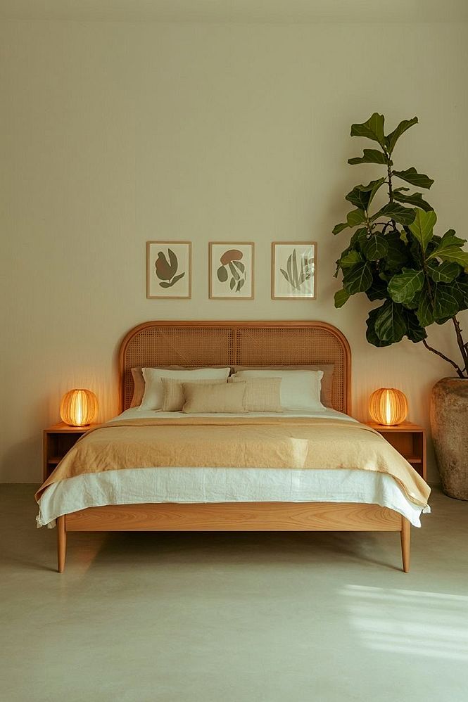 Wicker Teak Wood Queen Bed: Eclectic Style for Neutral Spaces