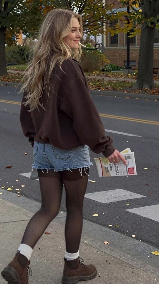 Styling Denim Shorts with Tights and Ankle Boots for Fall