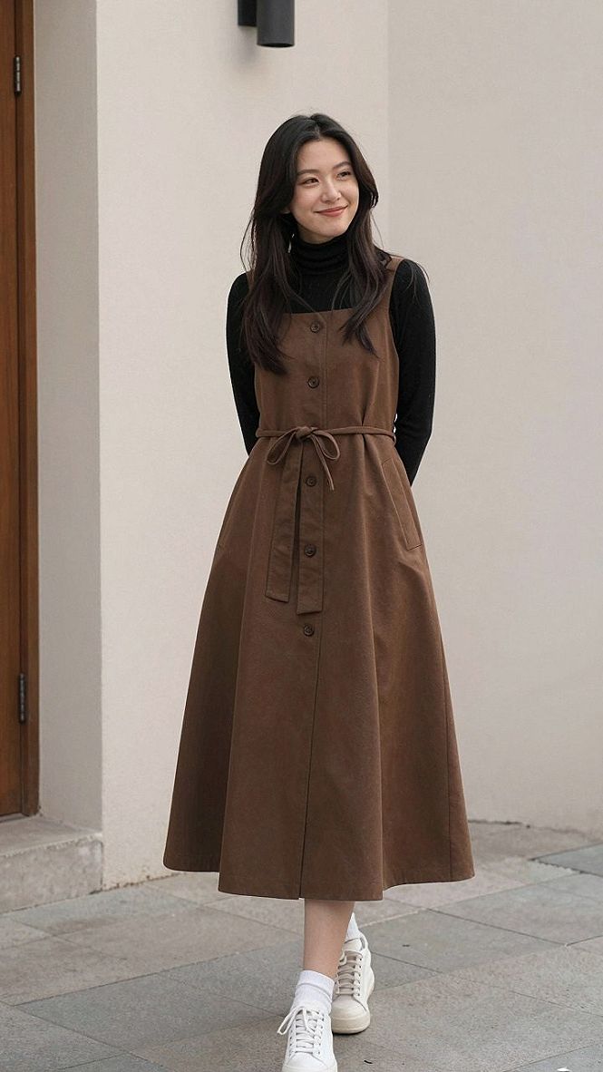 Layering a Turtleneck Under a Tailored Pinafore Dress for Work