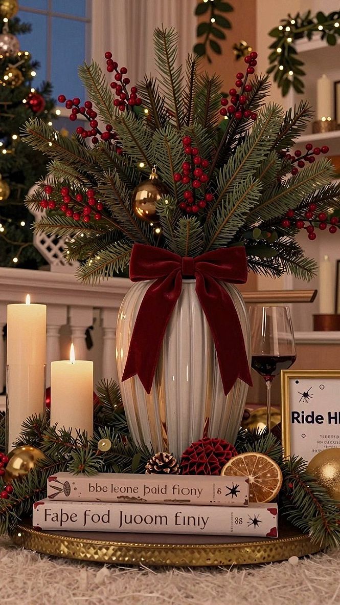 Arranging Holiday Greens in a Ceramic Vase with Velvet Ribbon