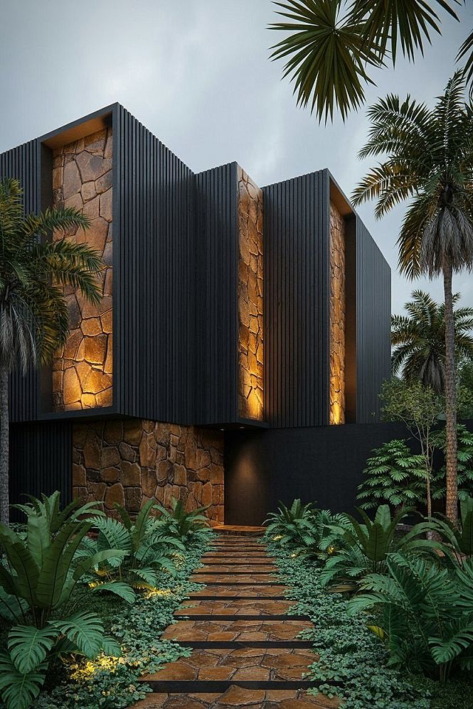 Dramatic Elegance: Black & Stone Modern Home Exterior