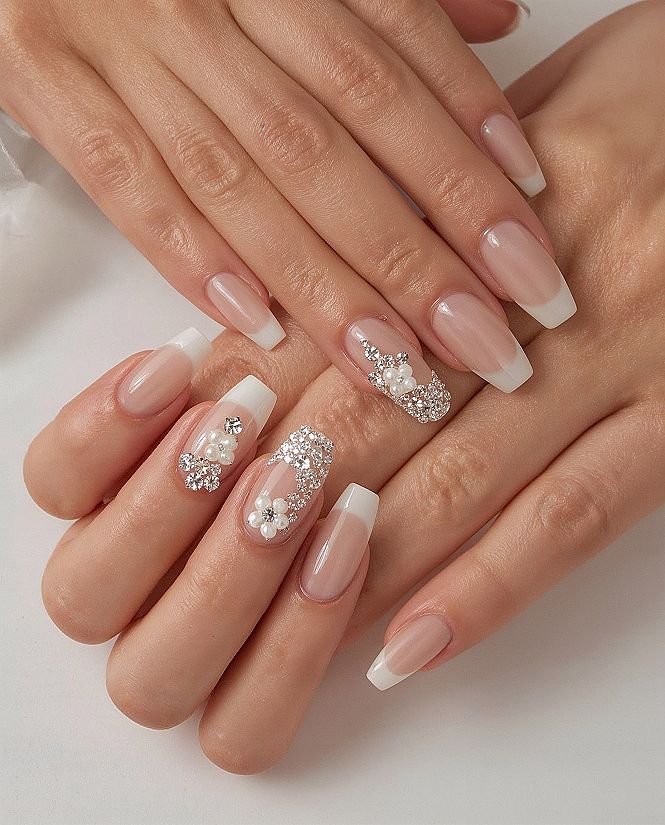 Chic Bridal French Tip Nails with Pearl Accents