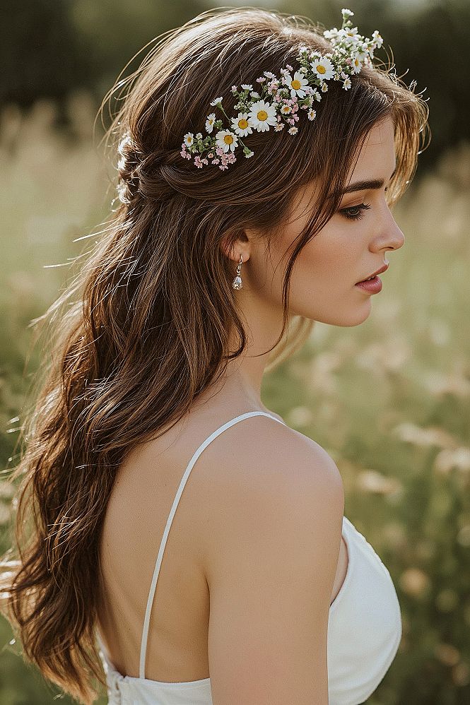 Dream Boho Bride Hair: Half-Up Style with Flower Crown