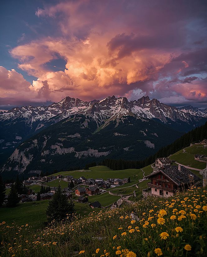 Alpine Village Sunset: Peaceful Nature Photos & Mountain Tops Inspiration