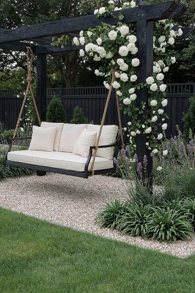 Tranquil Garden Bench Area Under a Chic Black Pergola